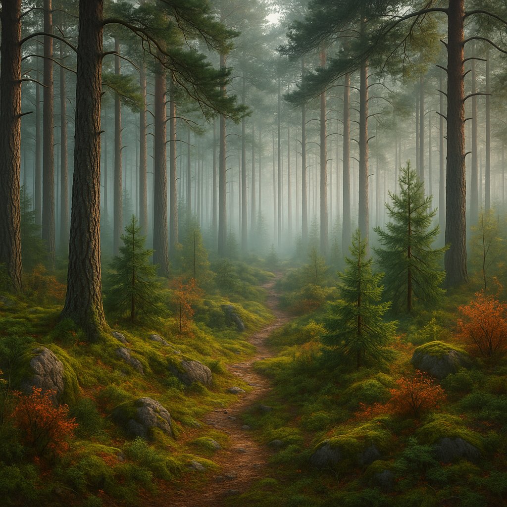 Misty Morning in Pine Forest