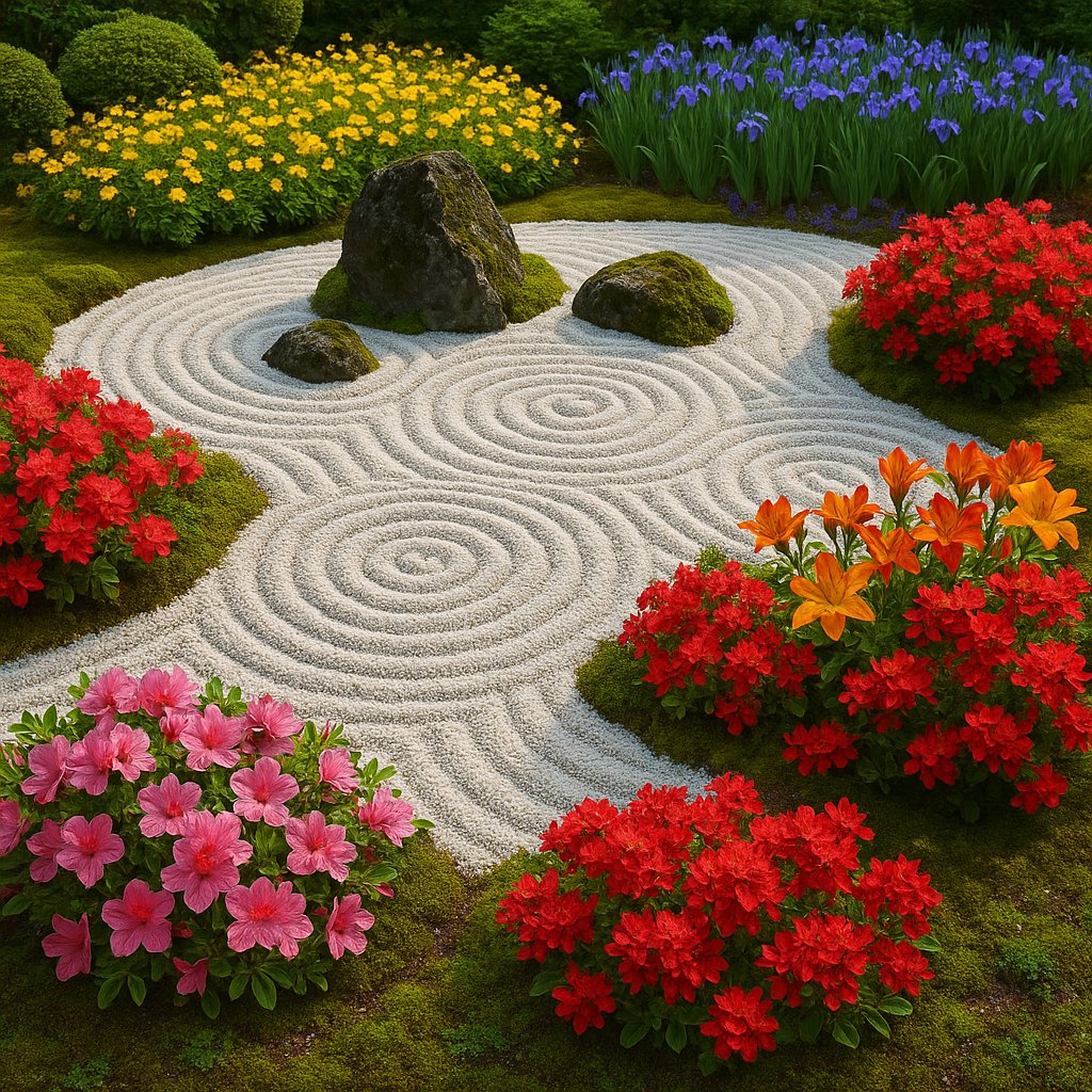 Serene Zen Garden with Blooming Flowers