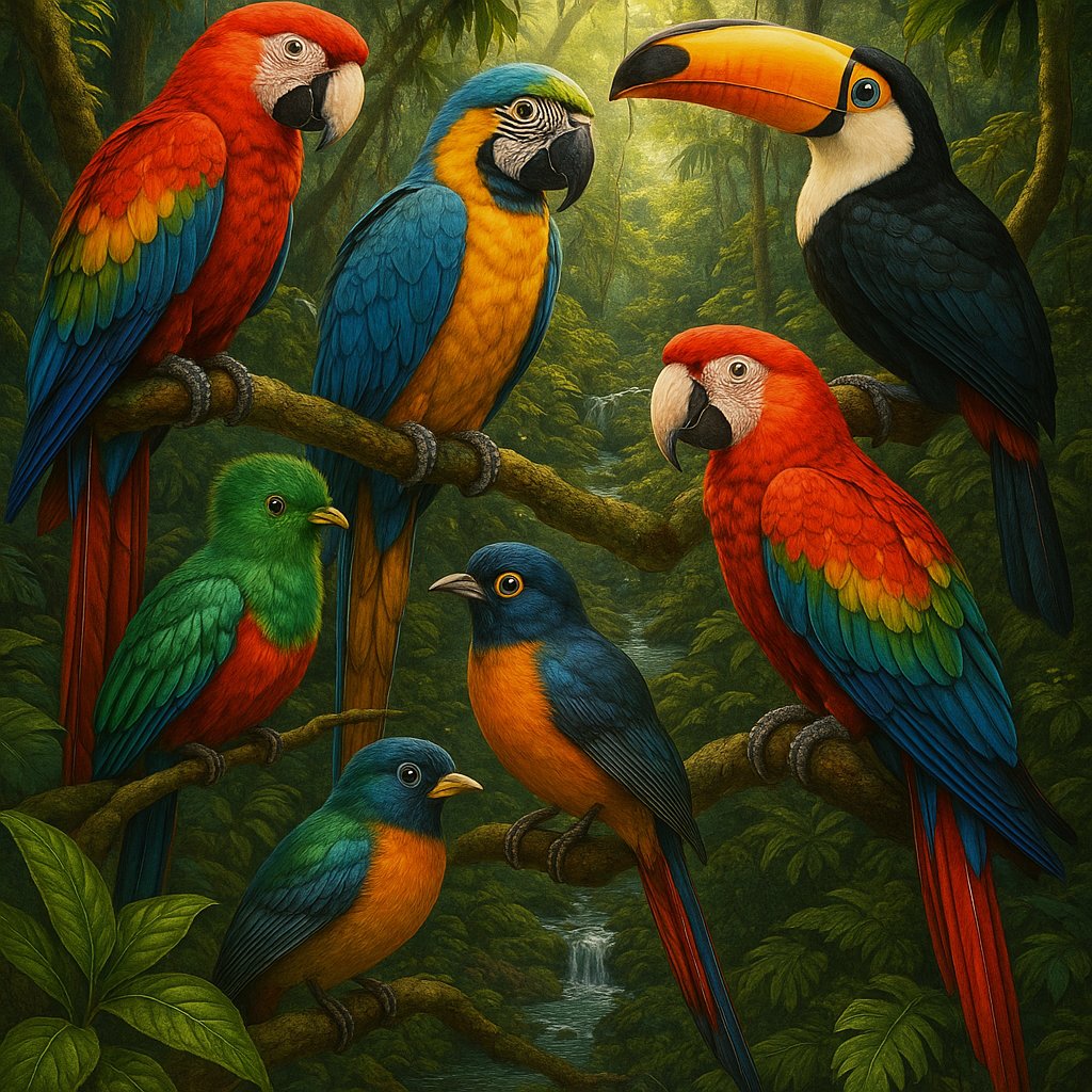 Vibrant Birds in Lush Rainforest