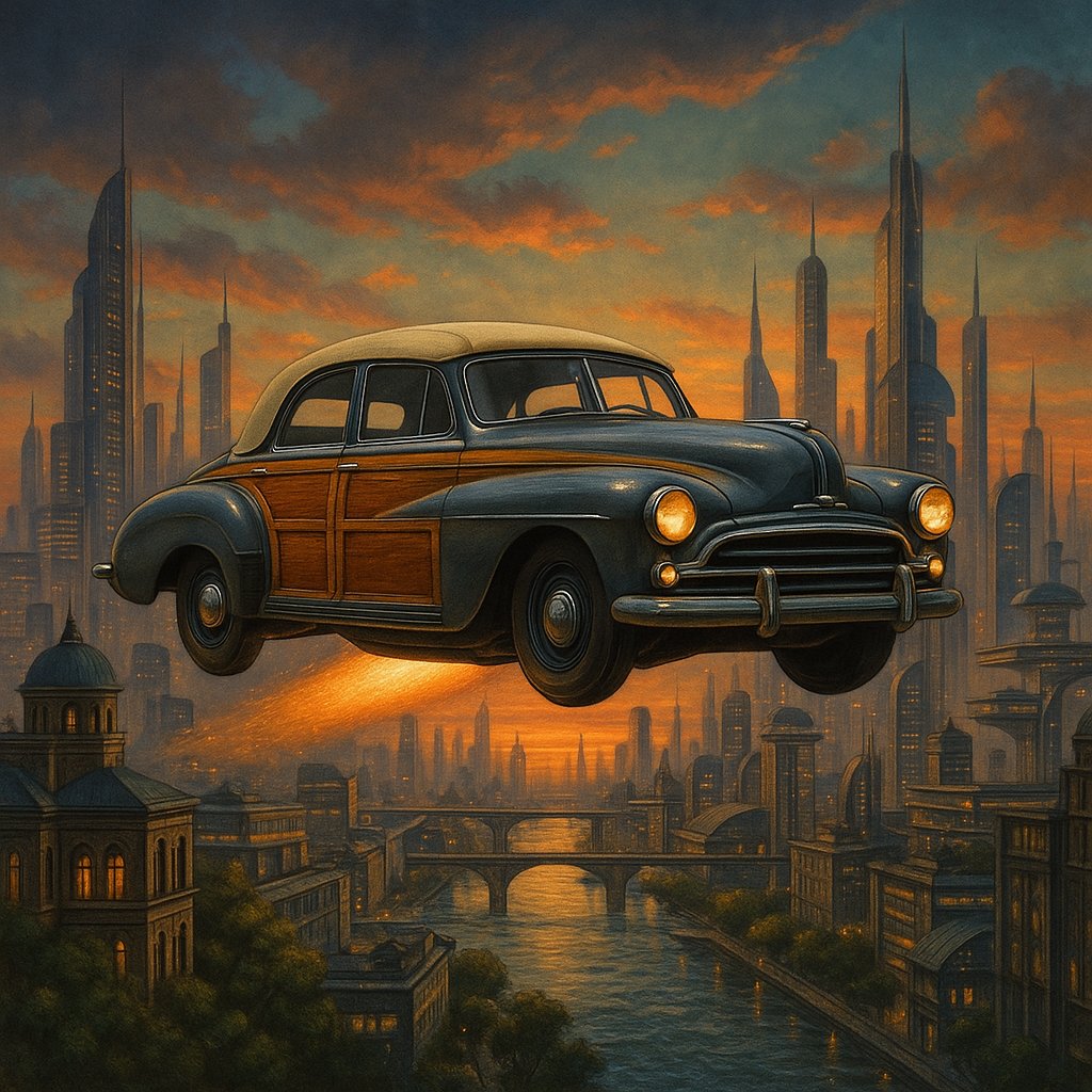 Vintage Car Over Futuristic Cityscape