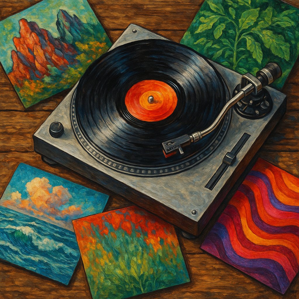 Vintage Turntable and Vibrant Albums