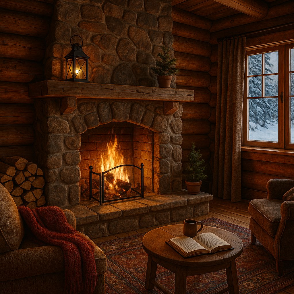 Warmth by the Winter Cabin Fireplace