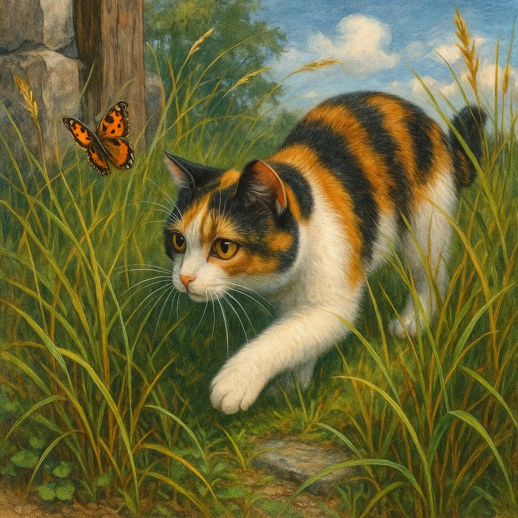 Calico Cat Stalking a Butterfly
