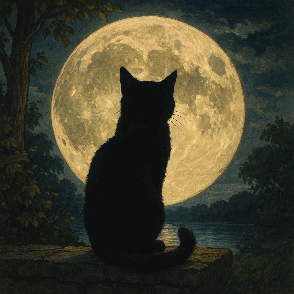 Cat Silhouette Against Full Moon