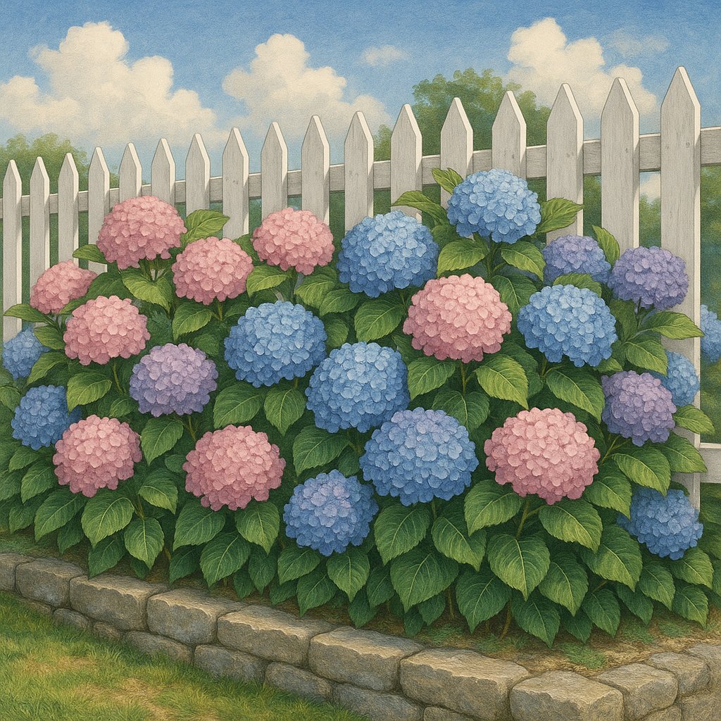 Colorful Hydrangeas by the Fence