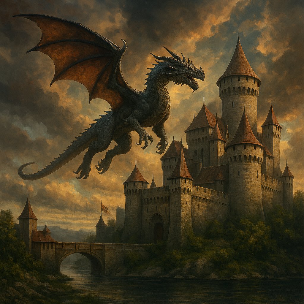 Dragon Over Castle at Dusk