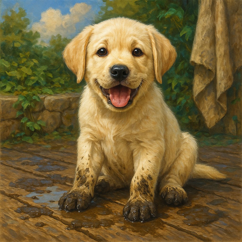 Happy Labrador Puppy with Muddy Paws