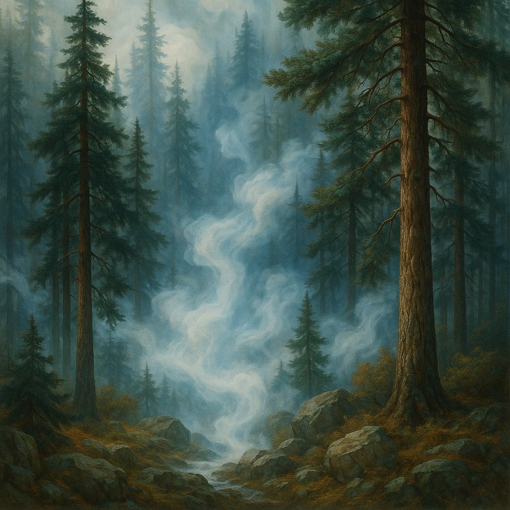 Mystical Fog in Pine Forest