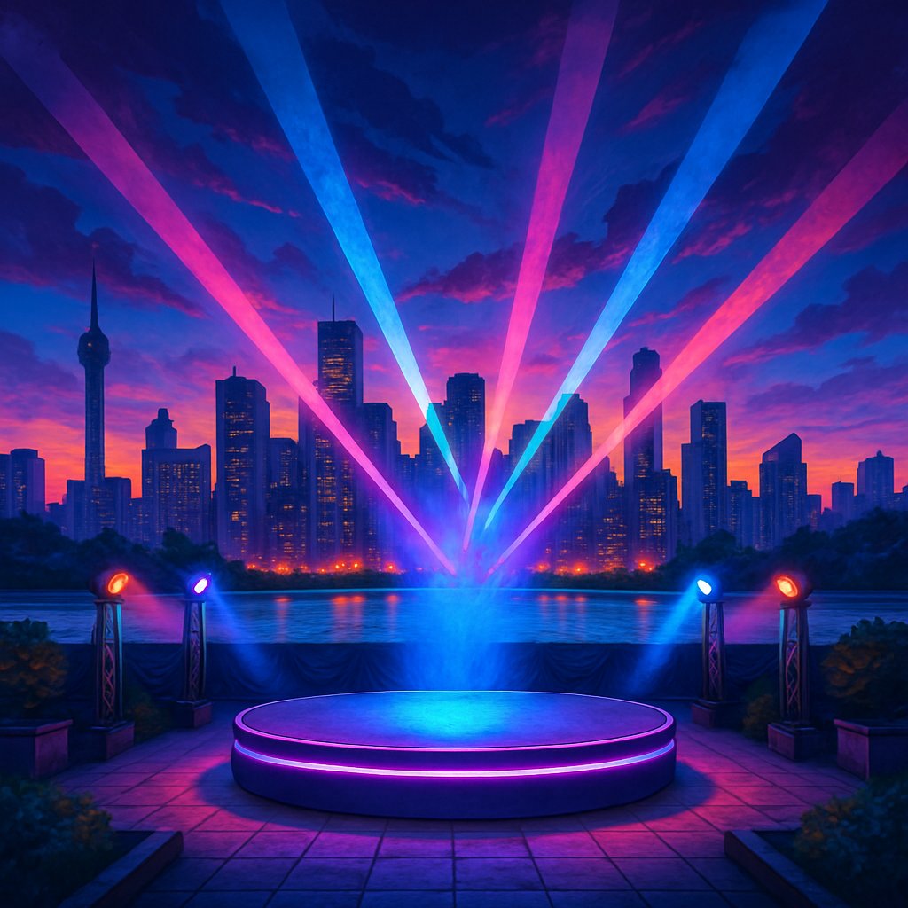 Neon Stage with City Skyline at Dusk
