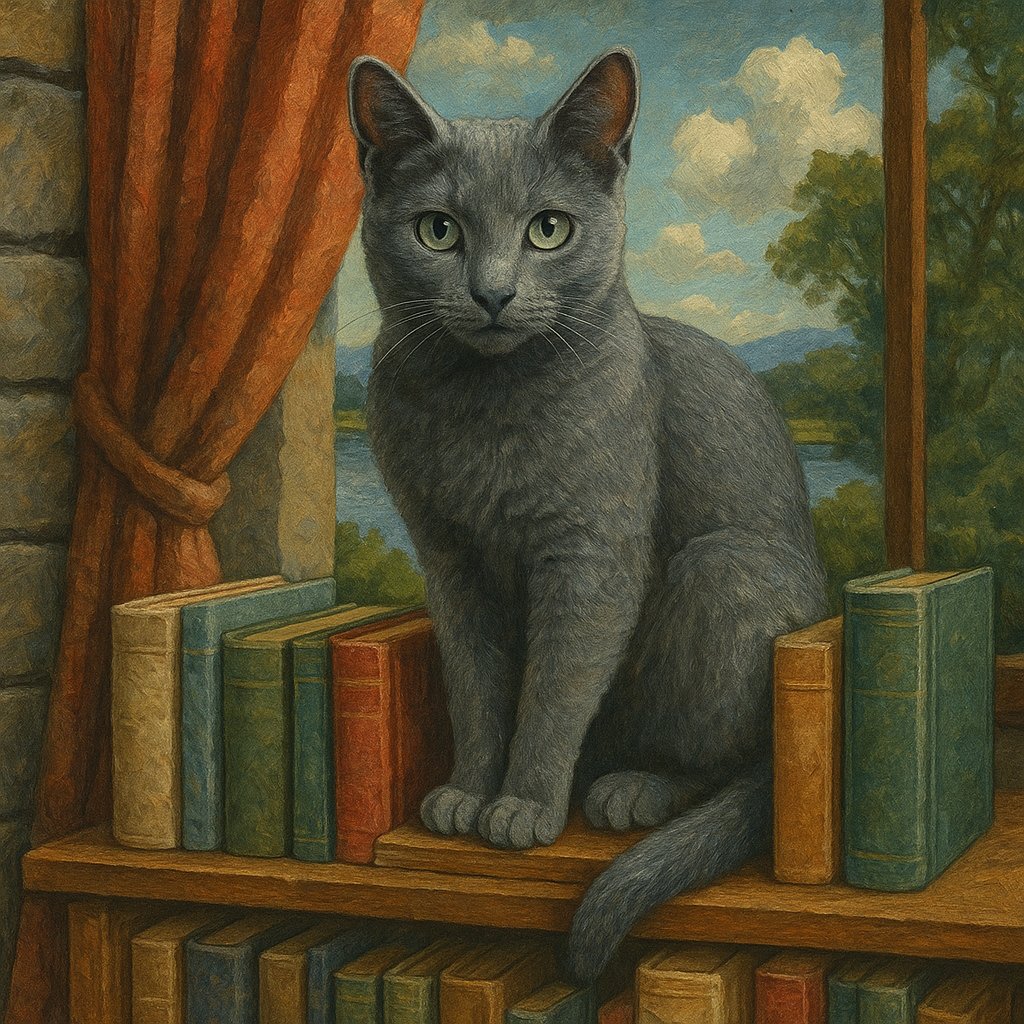 Russian Blue Cat on Bookshelf