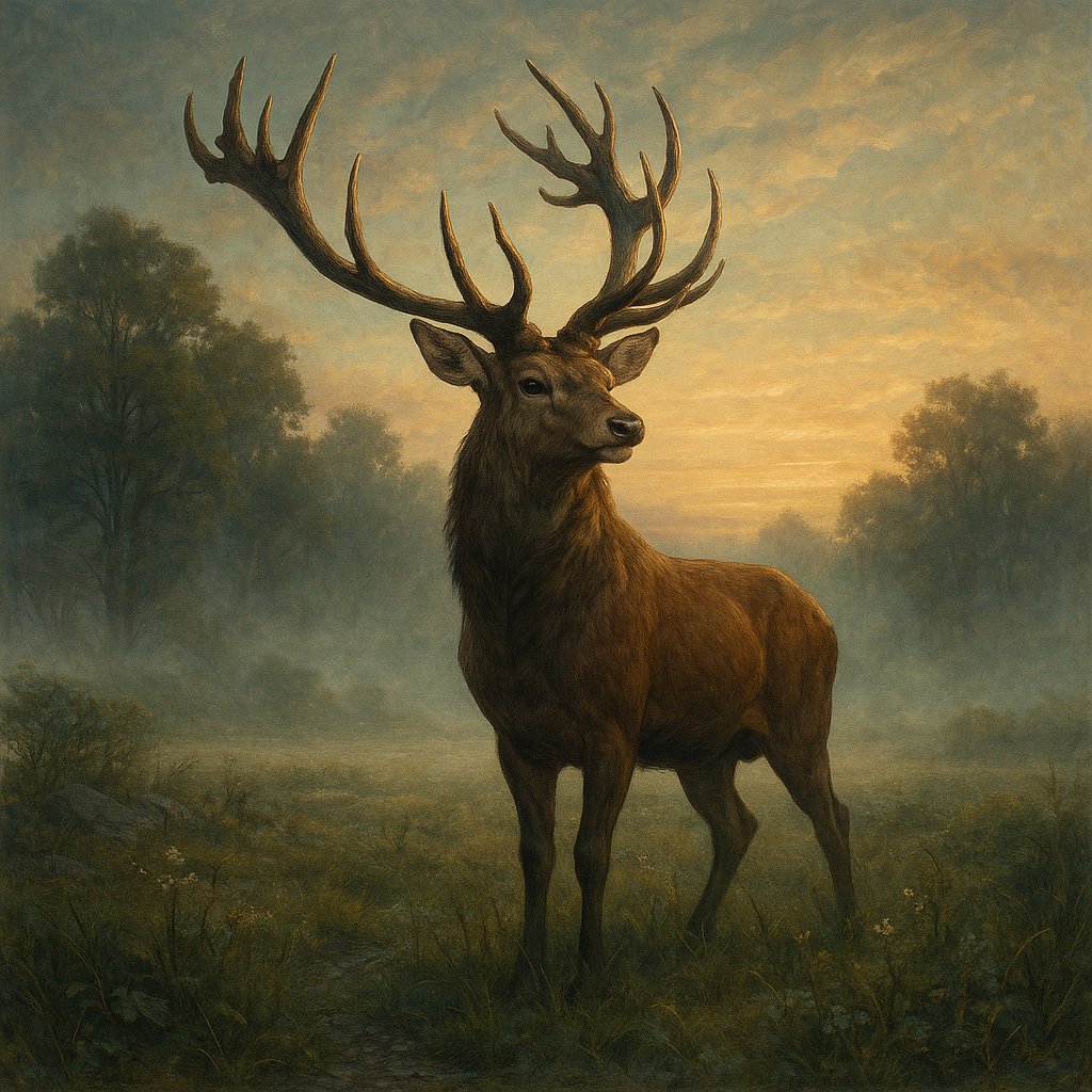 Stag in Misty Dawn Meadow
