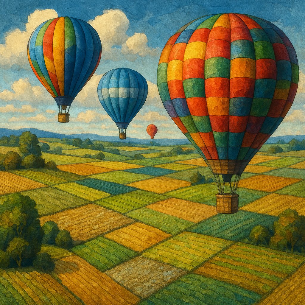 Vibrant Balloons Over Patchwork Fields