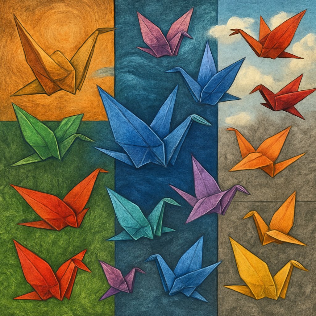 Vibrant Origami Cranes in Flight
