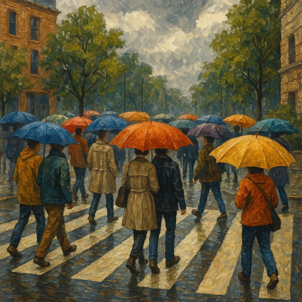 Vibrant Umbrellas at a Busy Crosswalk