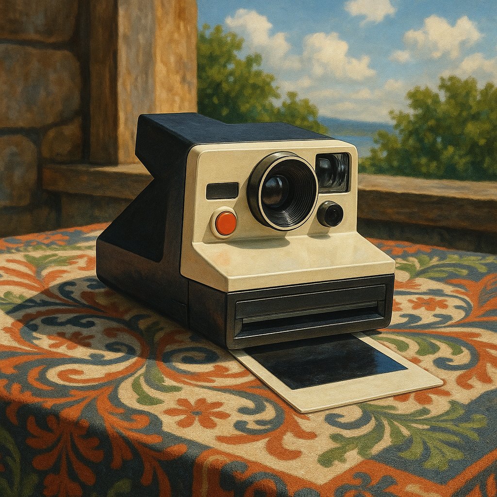 Vintage Polaroid on Vibrant Tablecloth