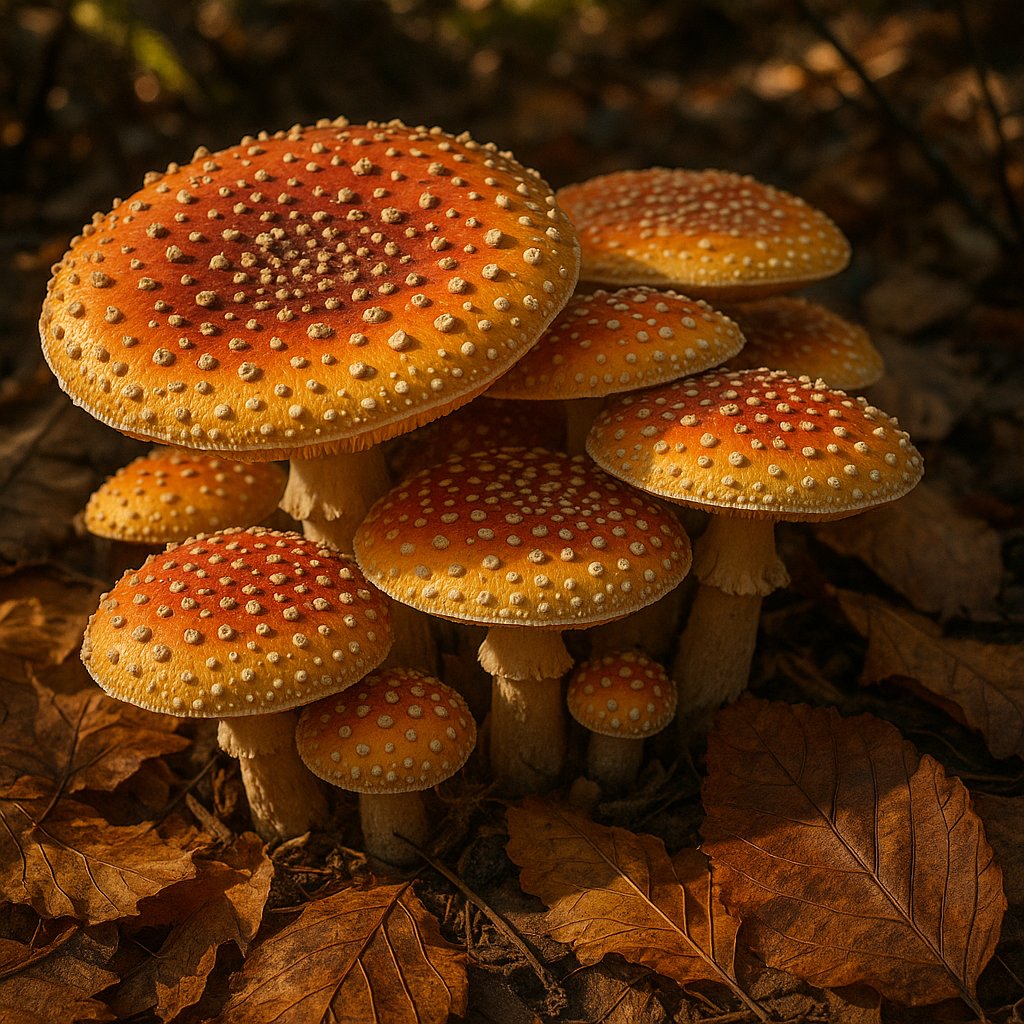 Colorful Mushroom Cluster in Sunlit Forest