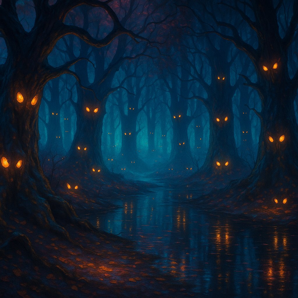 Enchanted Spooky Forest with Glowing Eyes