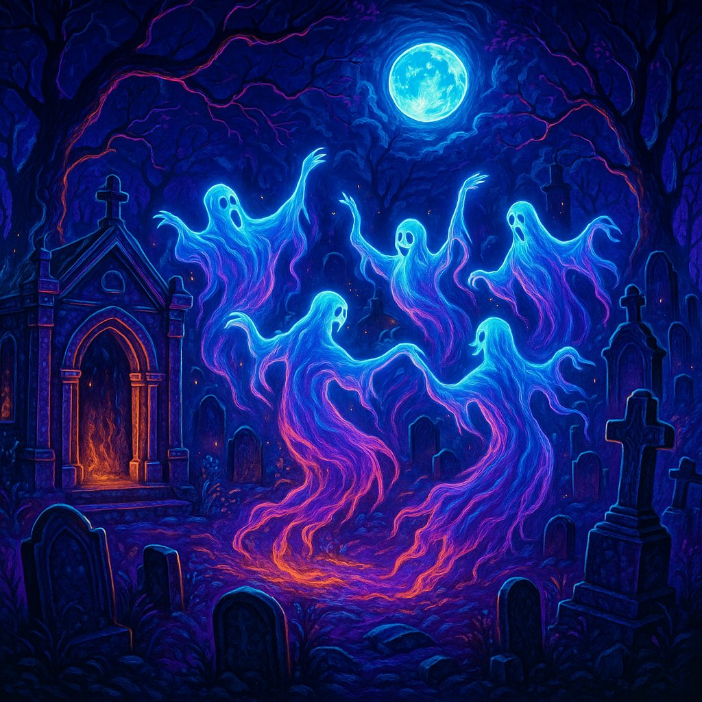 Futuristic Ghosts Dancing in a Graveyard