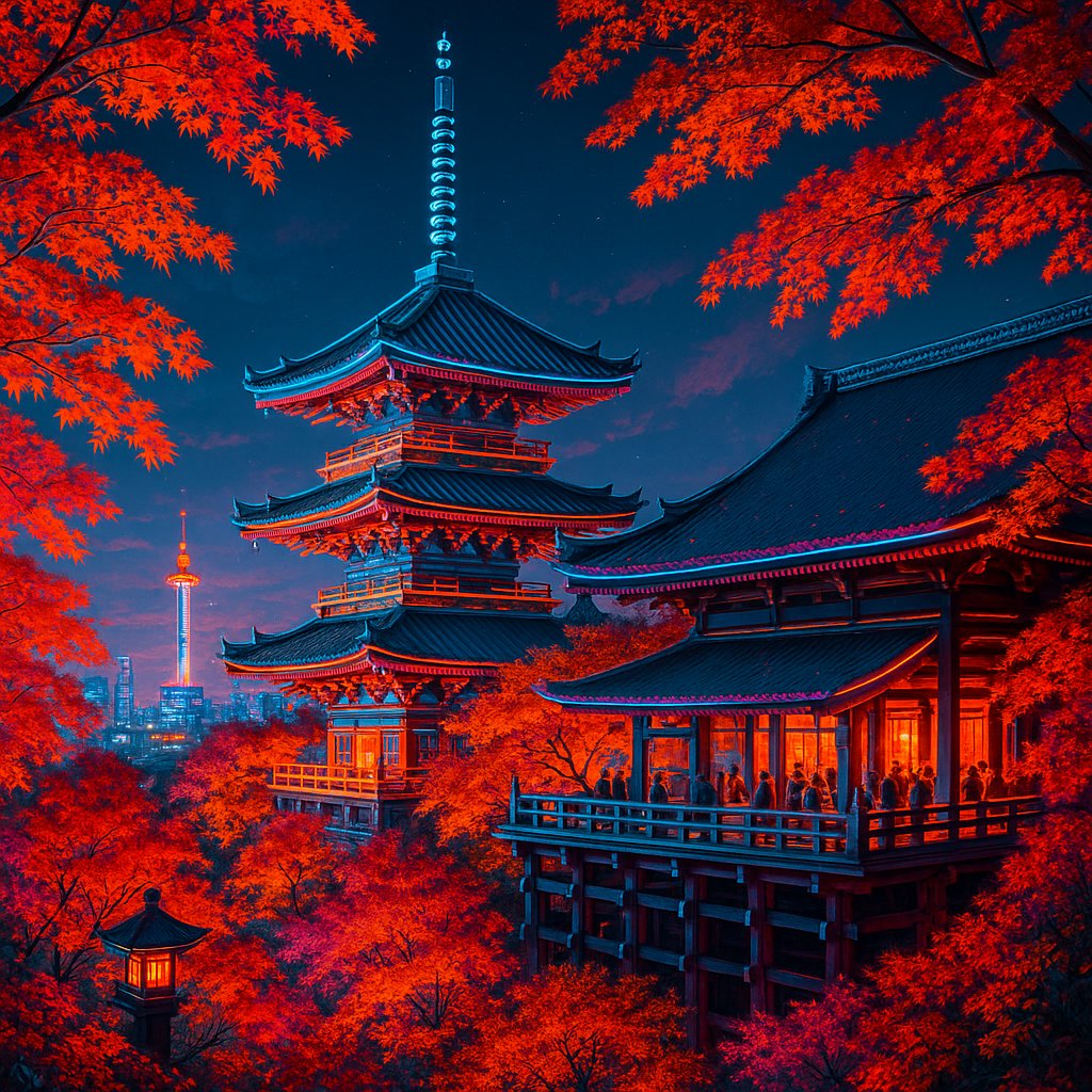 Futuristic Kyoto Temple in Autumn