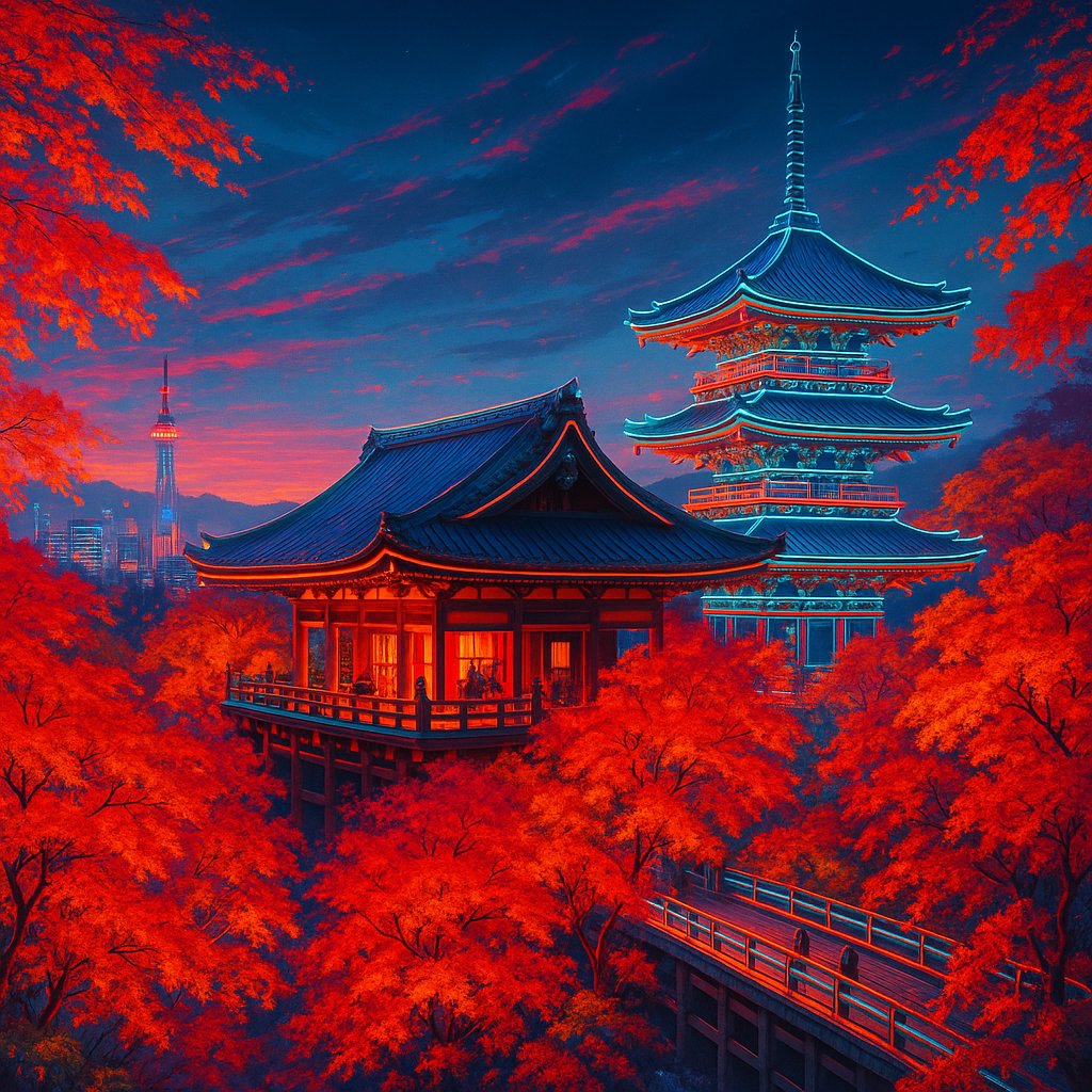Futuristic Kyoto Temple in Autumn