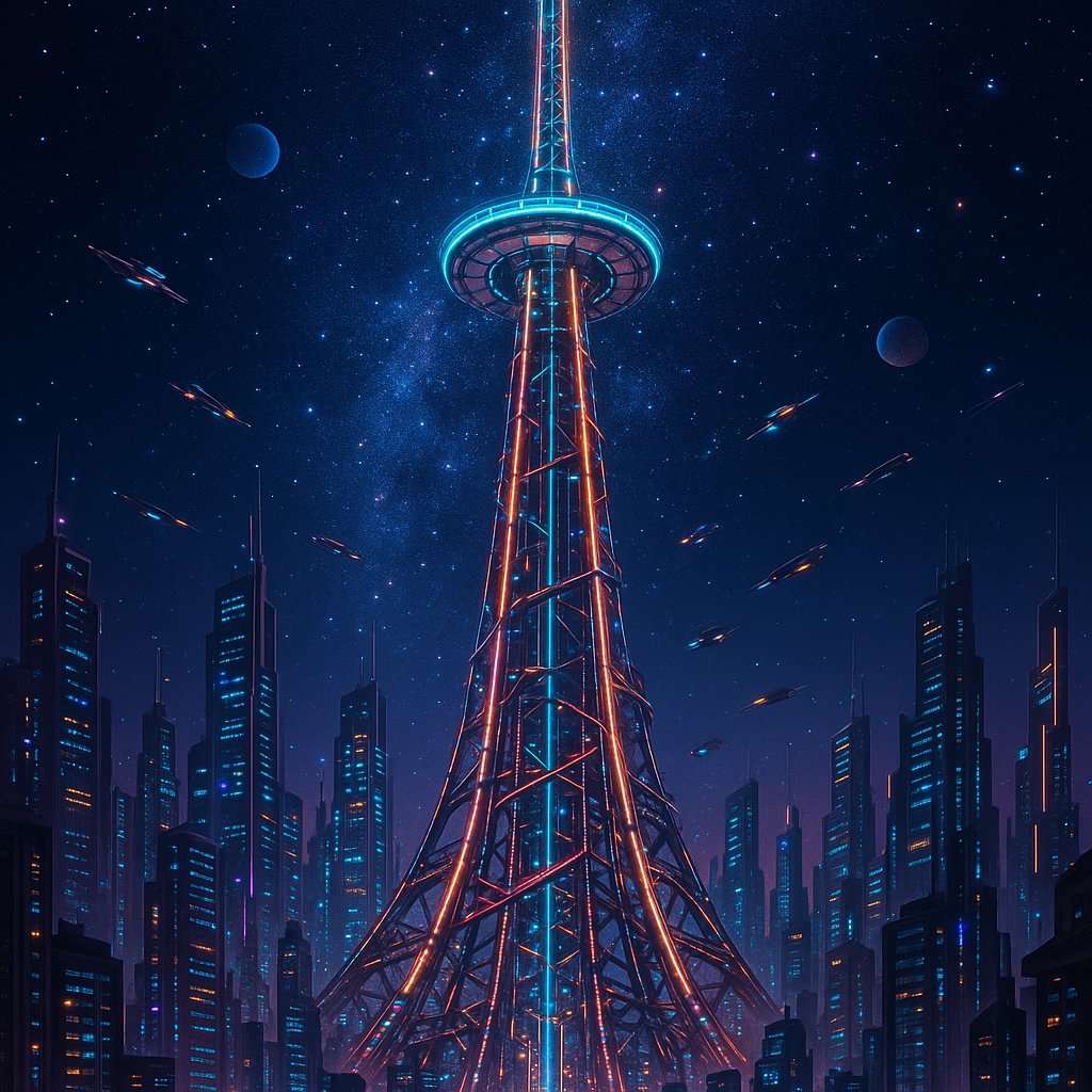 Futuristic Space Elevator in a Neon-Lit City