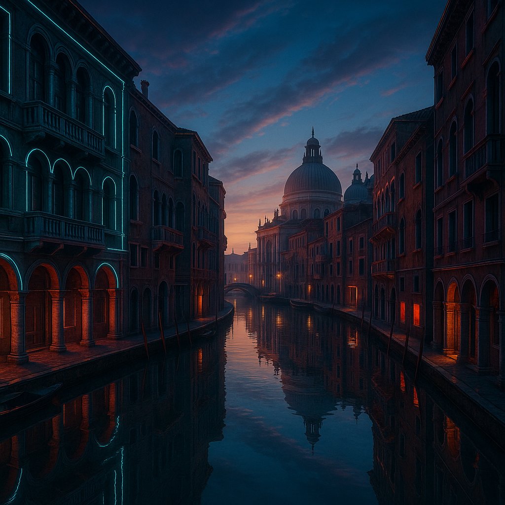 Futuristic Venice Canals at Dawn
