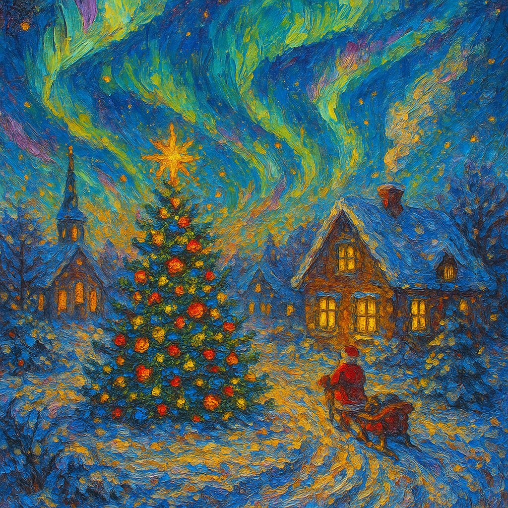 Impressionist Christmas Night with Northern Lights