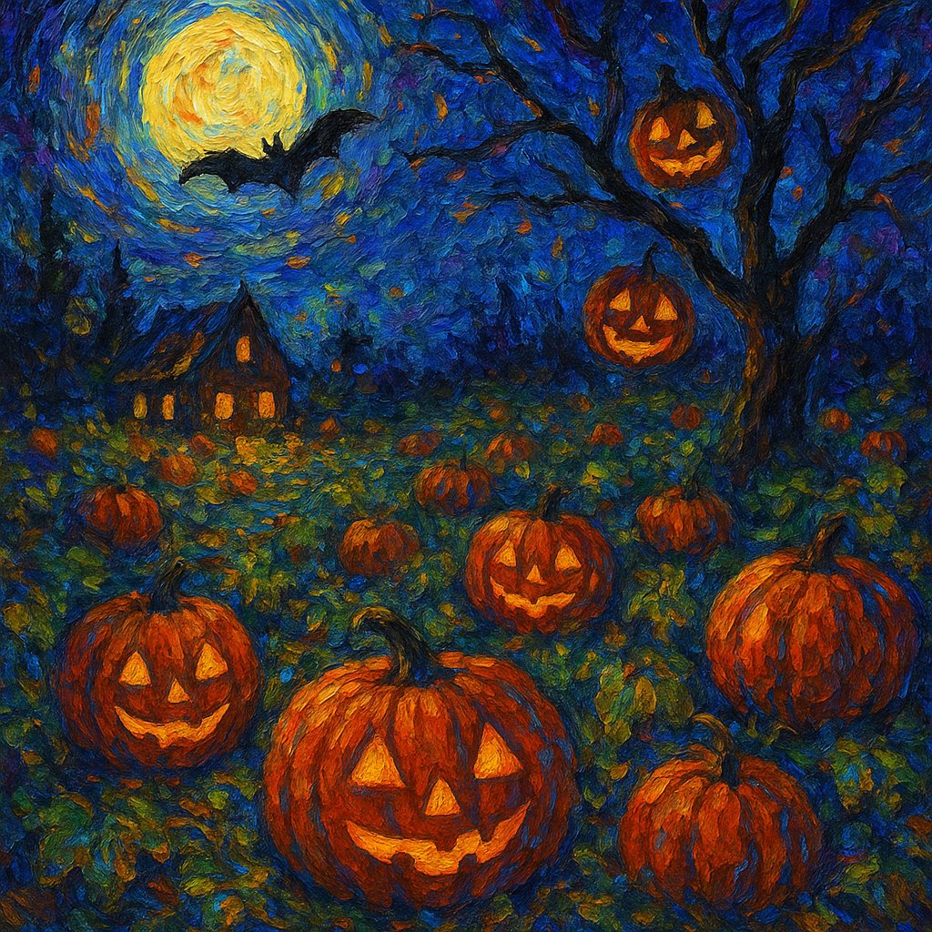 Impressionist Halloween Pumpkin Patch at Midnight