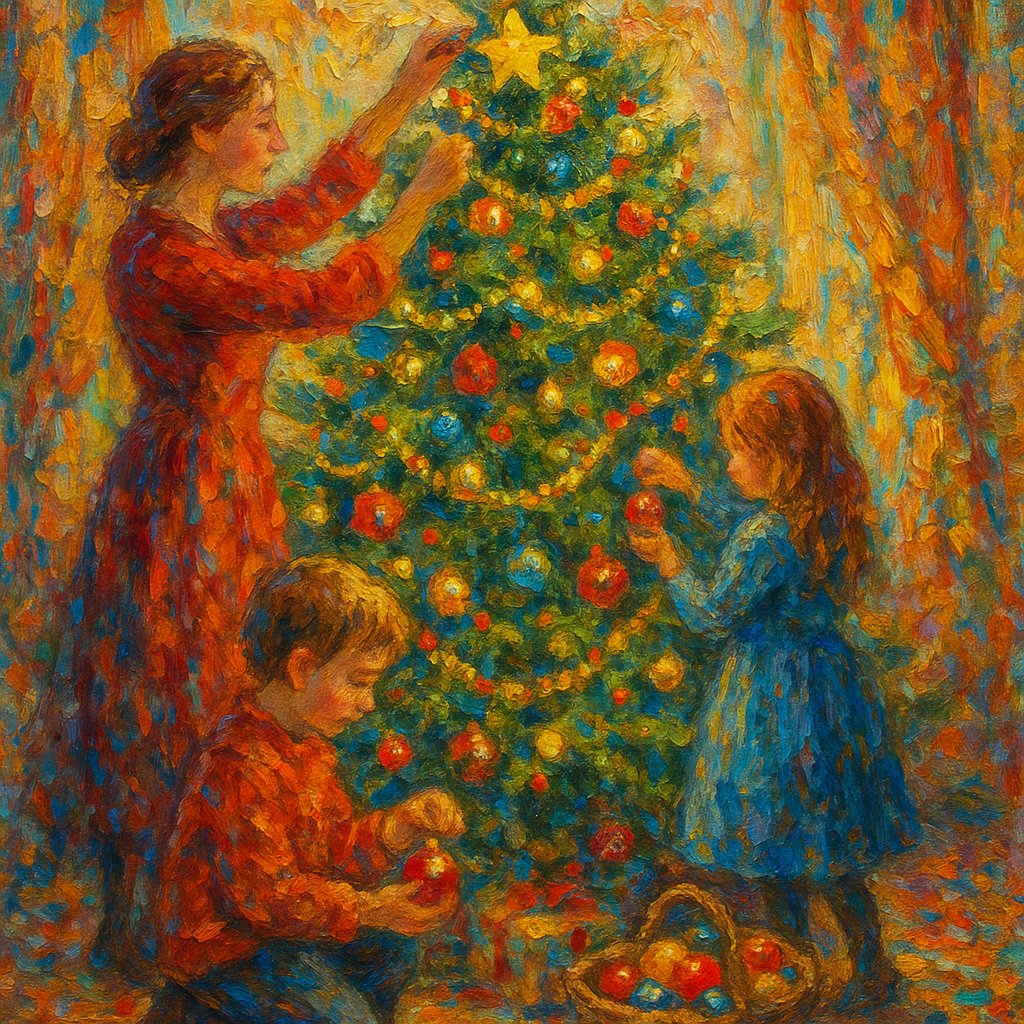Impressionist Painting of Christmas Tree Decorating