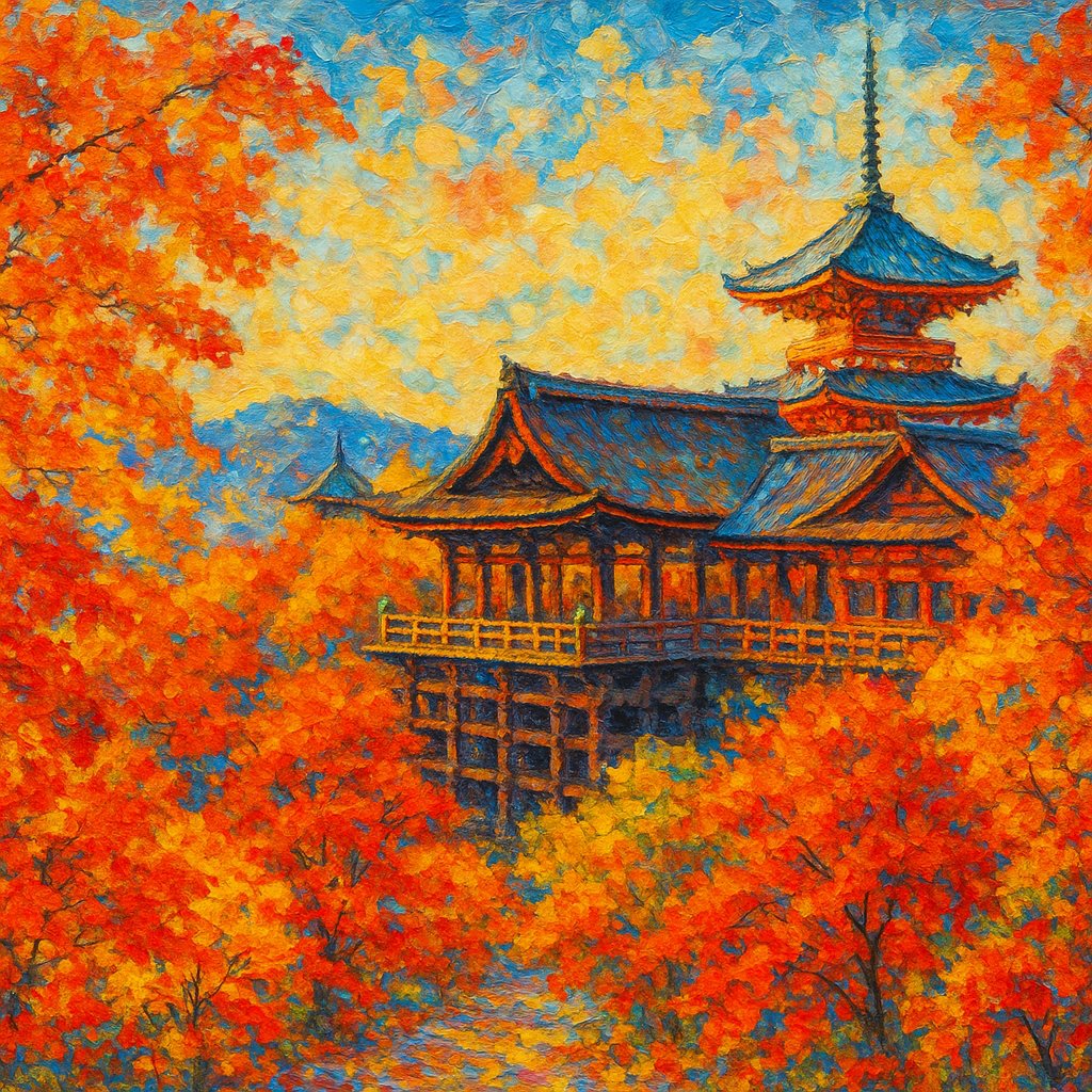 Impressionist Painting of Kyoto Temple in Autumn