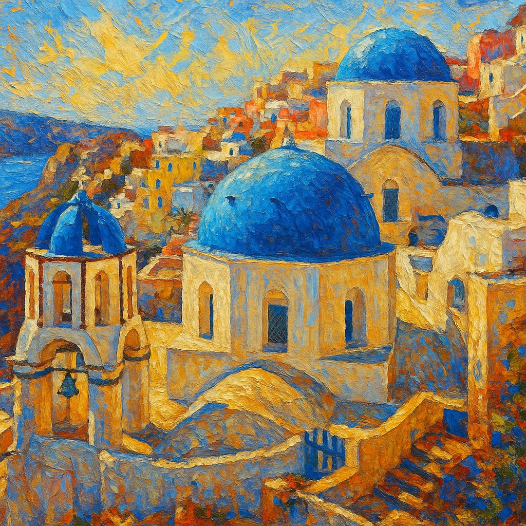 Impressionist Painting of Santorini Blue Domes