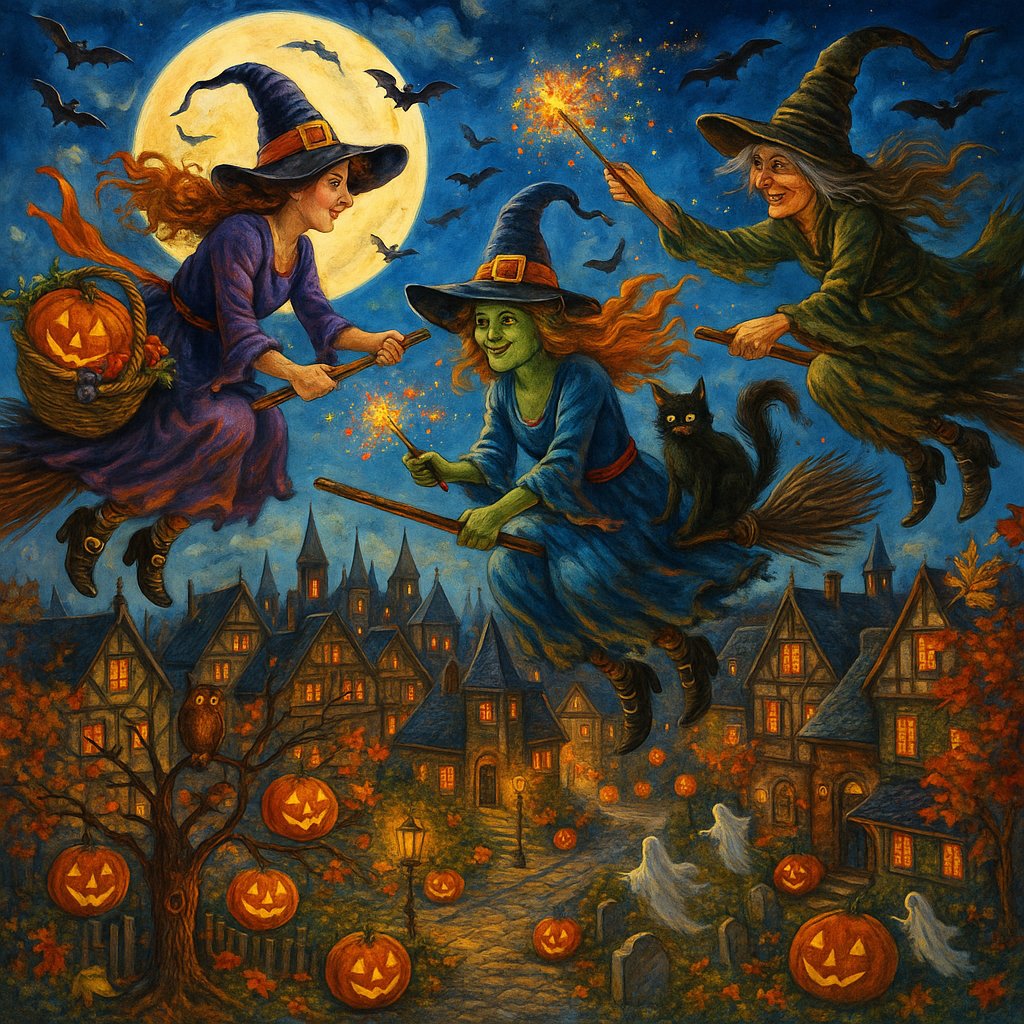 Magical Witches Flying Over Town