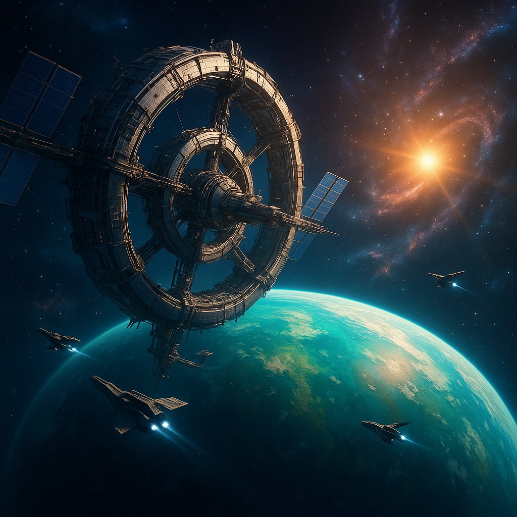 Majestic Space Station Orbiting an Exoplanet