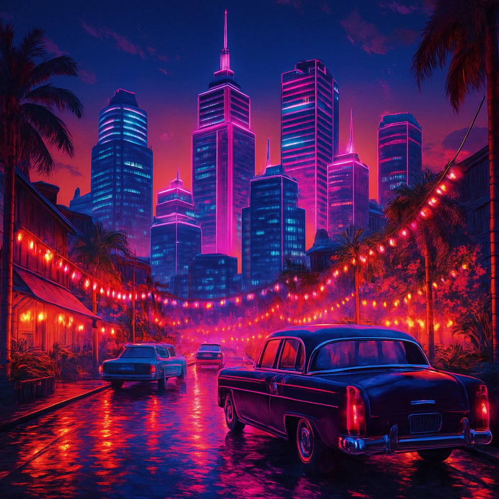 Neon Dusk in a Retro-Futuristic City
