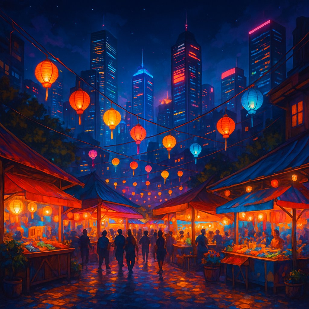 Neon Night Market in the City