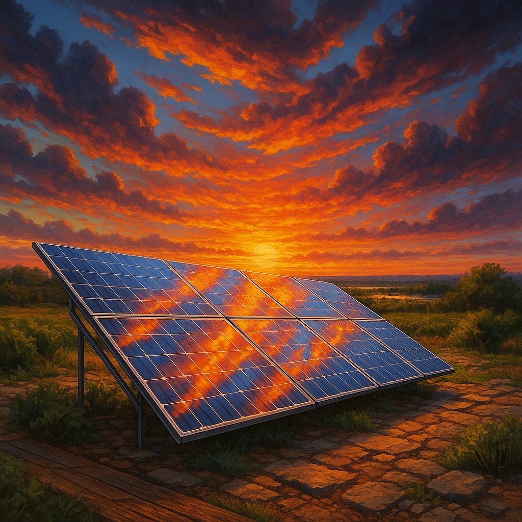 Solar Panels Reflecting Sunset