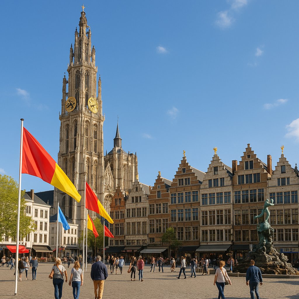 Antwerp Cathedral and Grote Markt on a Bright Day