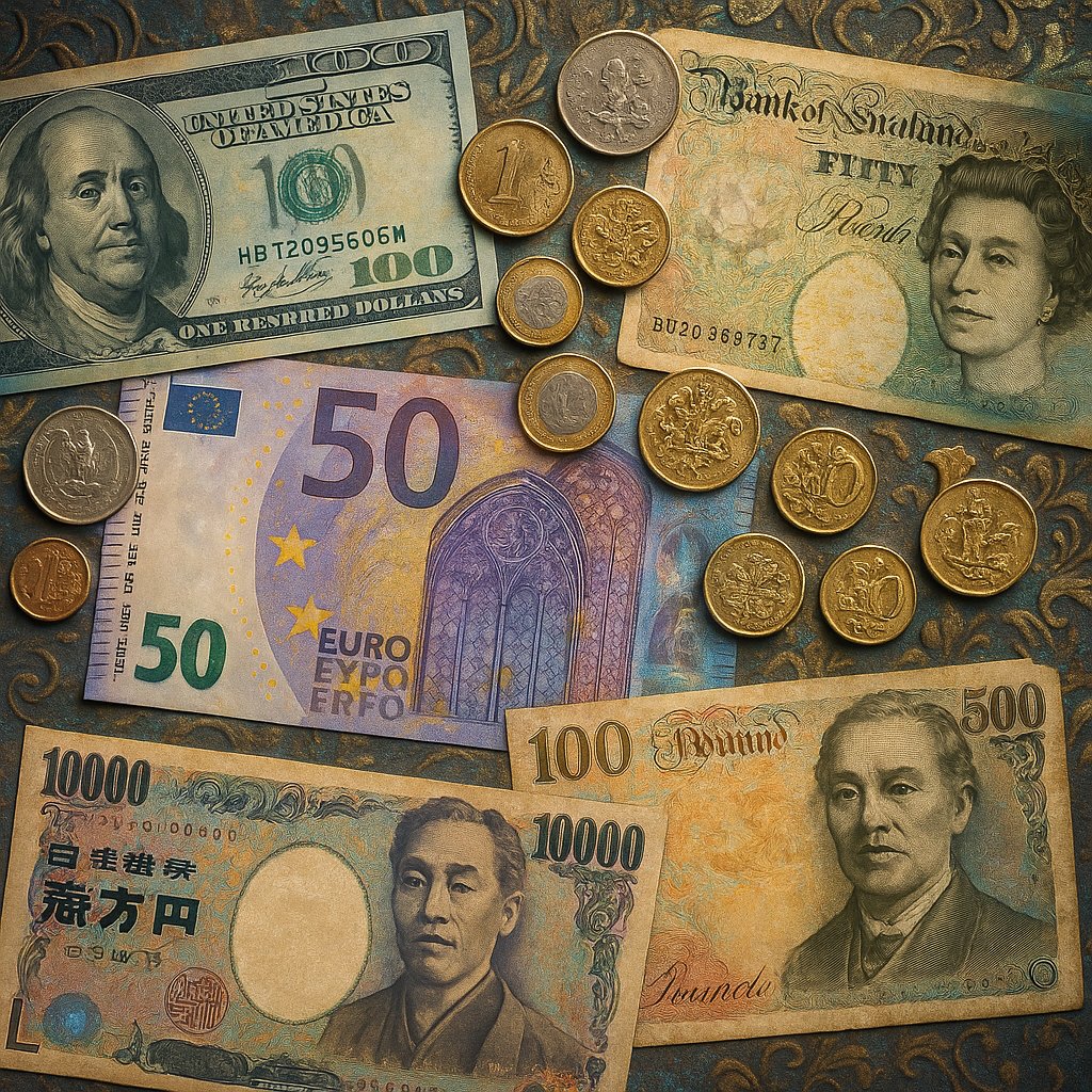 Arcane Treasury — World Currencies Flatlay