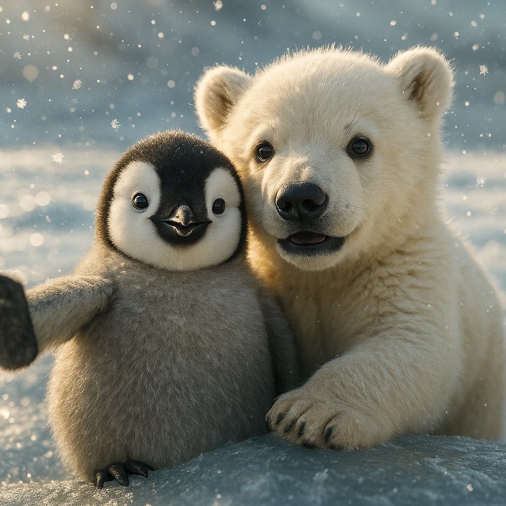 Arctic Selfie: Penguin Chick & Polar Bear Cub