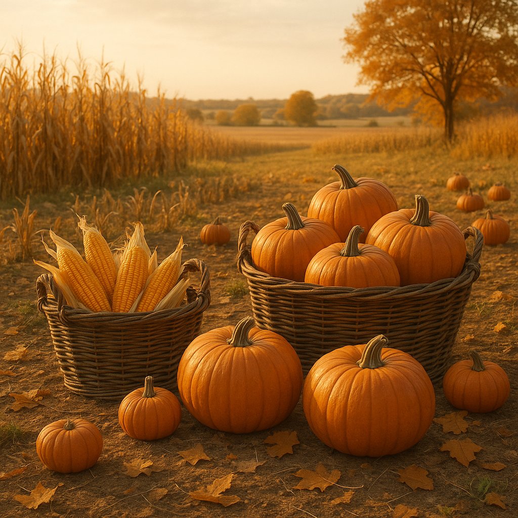 Autumn Harvest: Pumpkins and Corn at Golden Hour