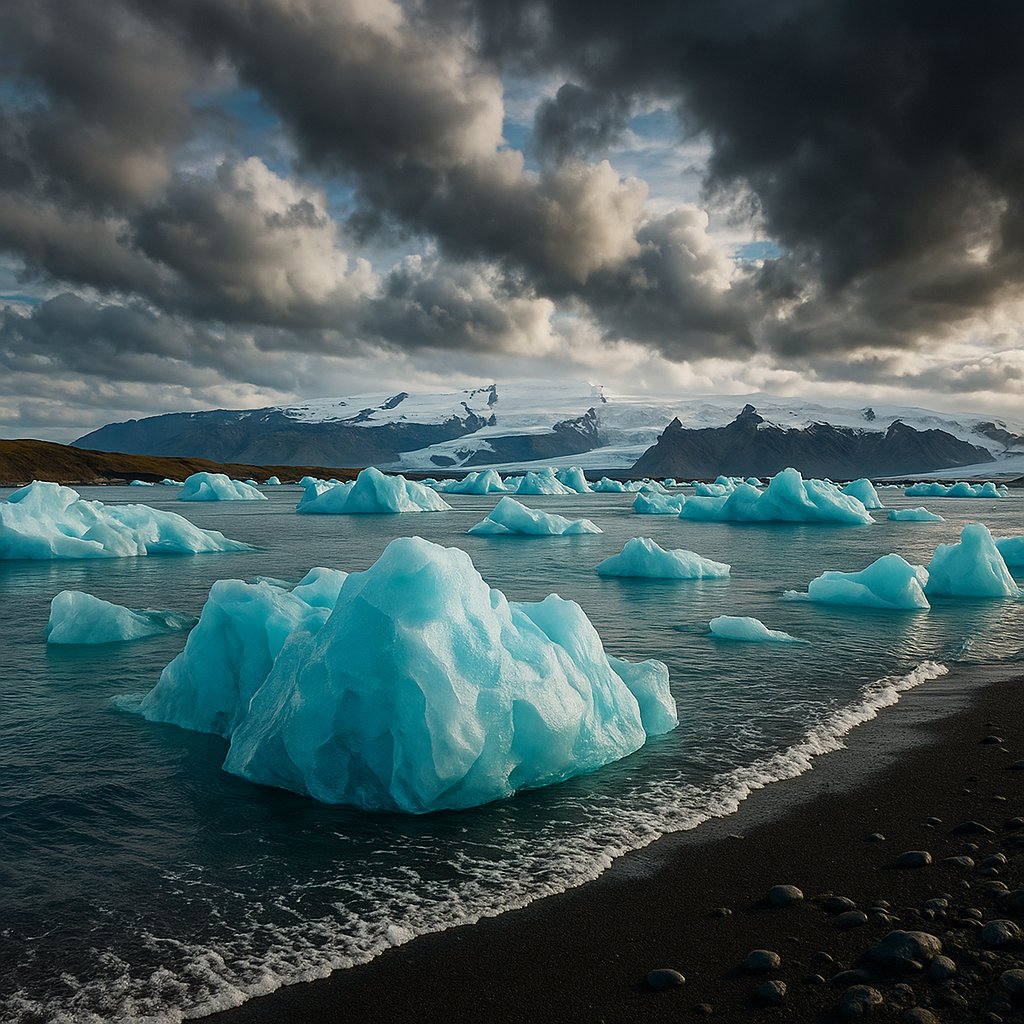 Blue Icebergs at Jökulsárlón Under Dramatic Skies