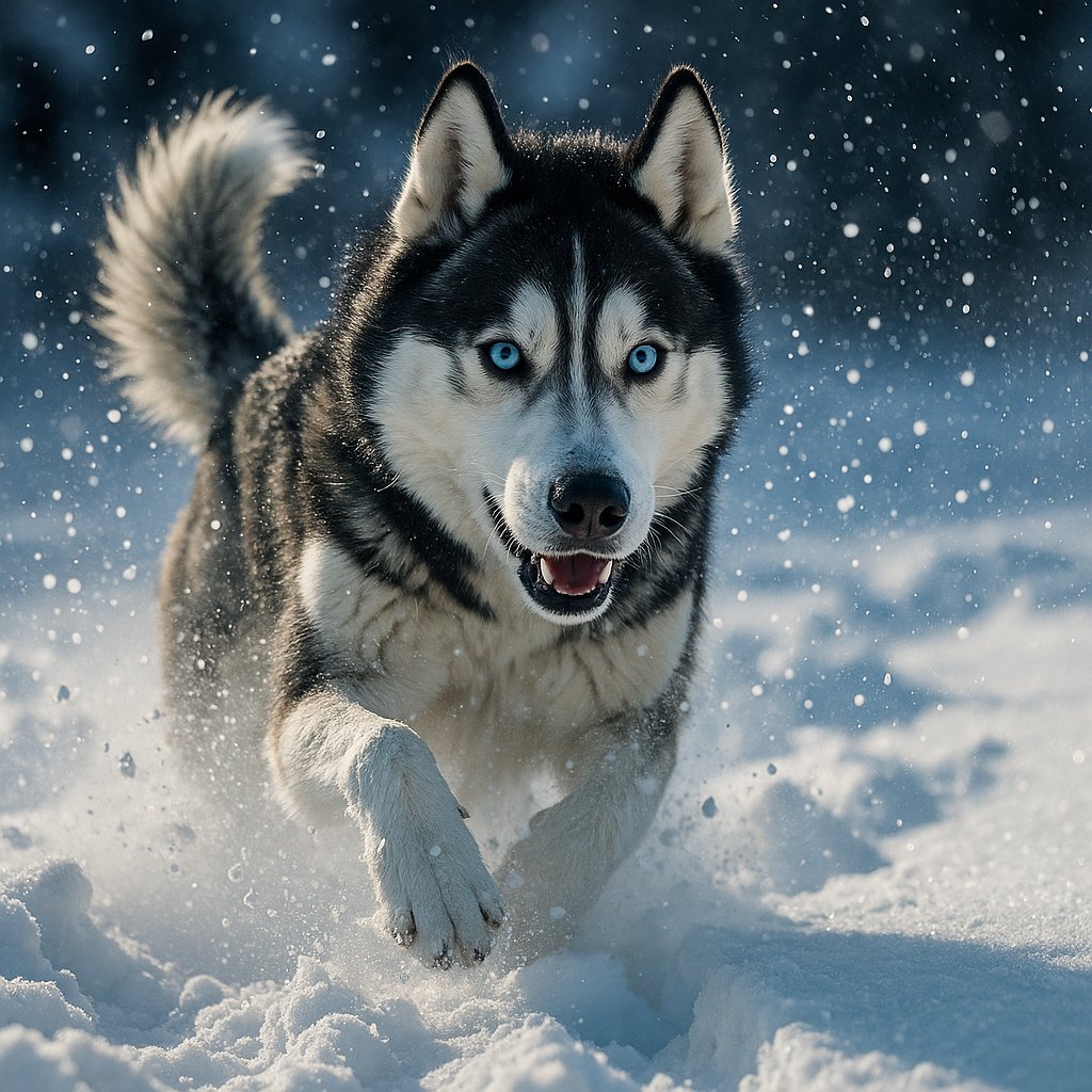 Blue‑Eyed Siberian Husky Charging Through Fresh Snow