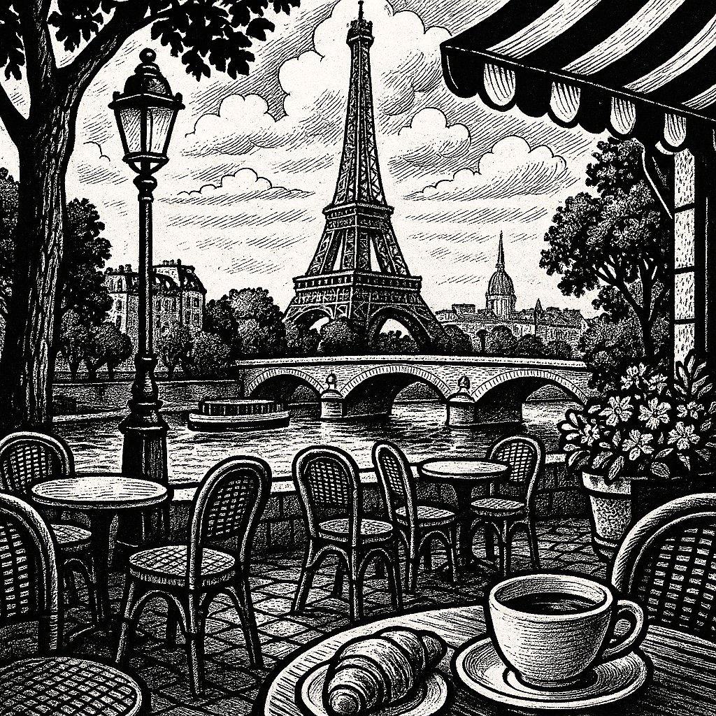 Charming Parisian Café with Eiffel Tower View