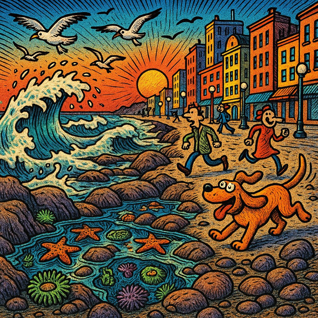 Coastal Dawn Commotion (Hand‑drawn Comic Scene)