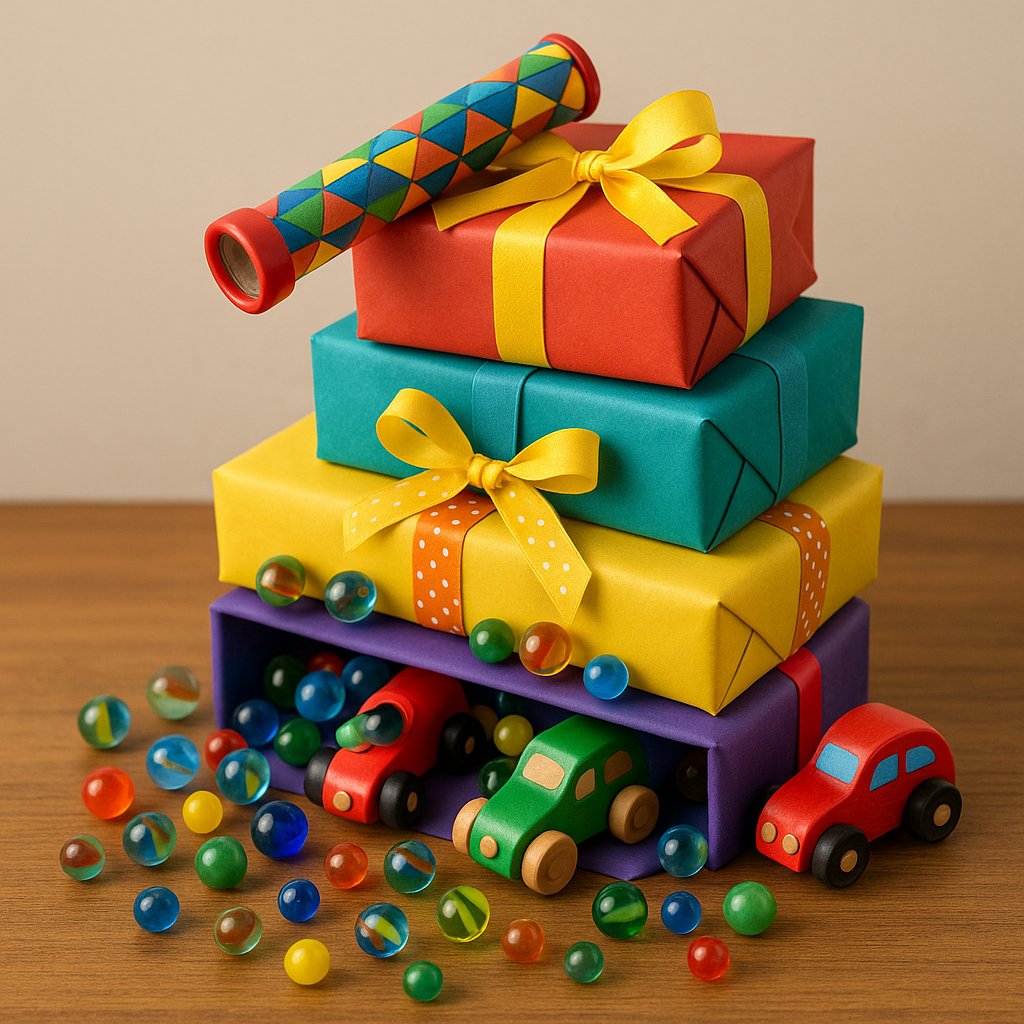 Colorful Stack of Gift Boxes with Toys Spilling Out