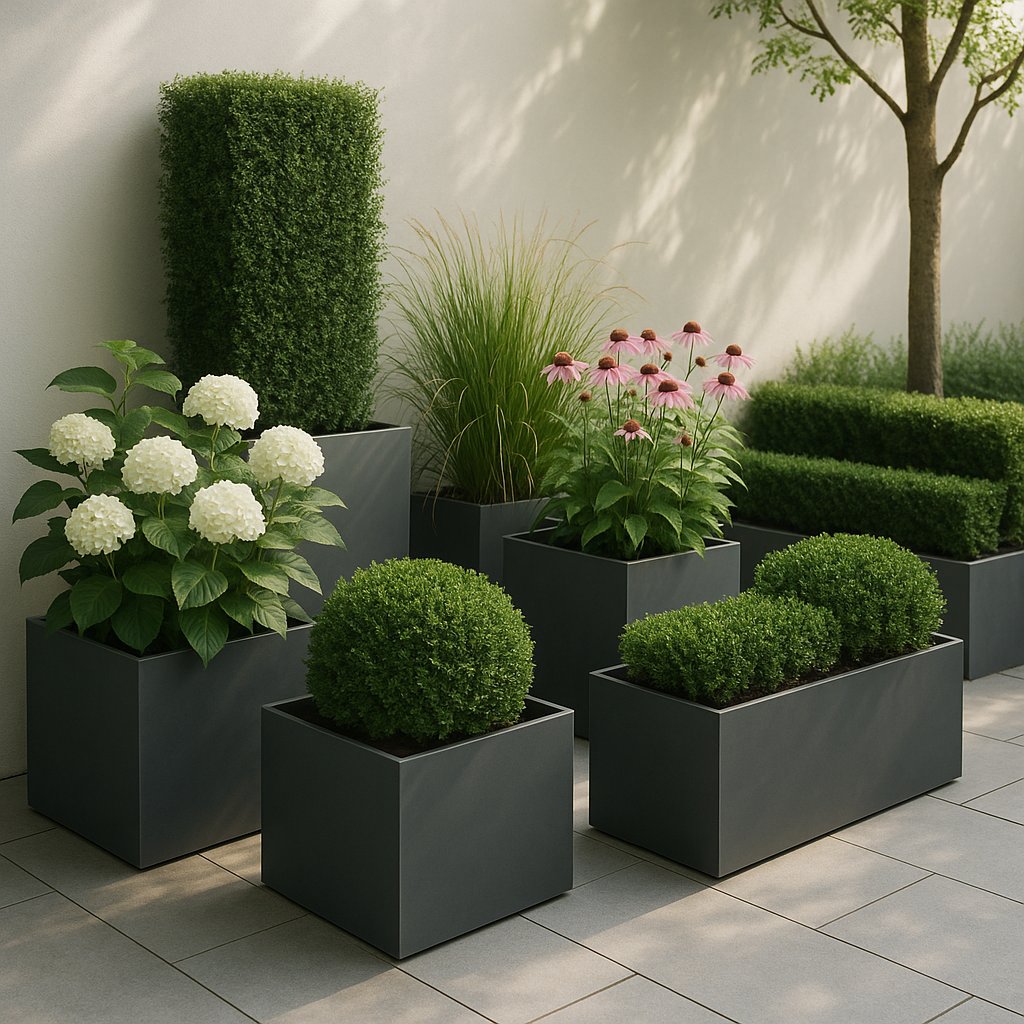 Contemporary Patio Garden with Metal Planters
