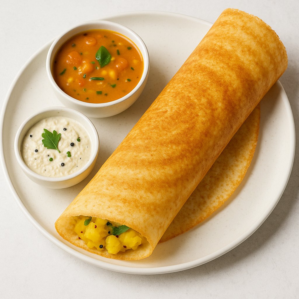 Crispy Masala Dosa with Coconut Chutney & Sambar
