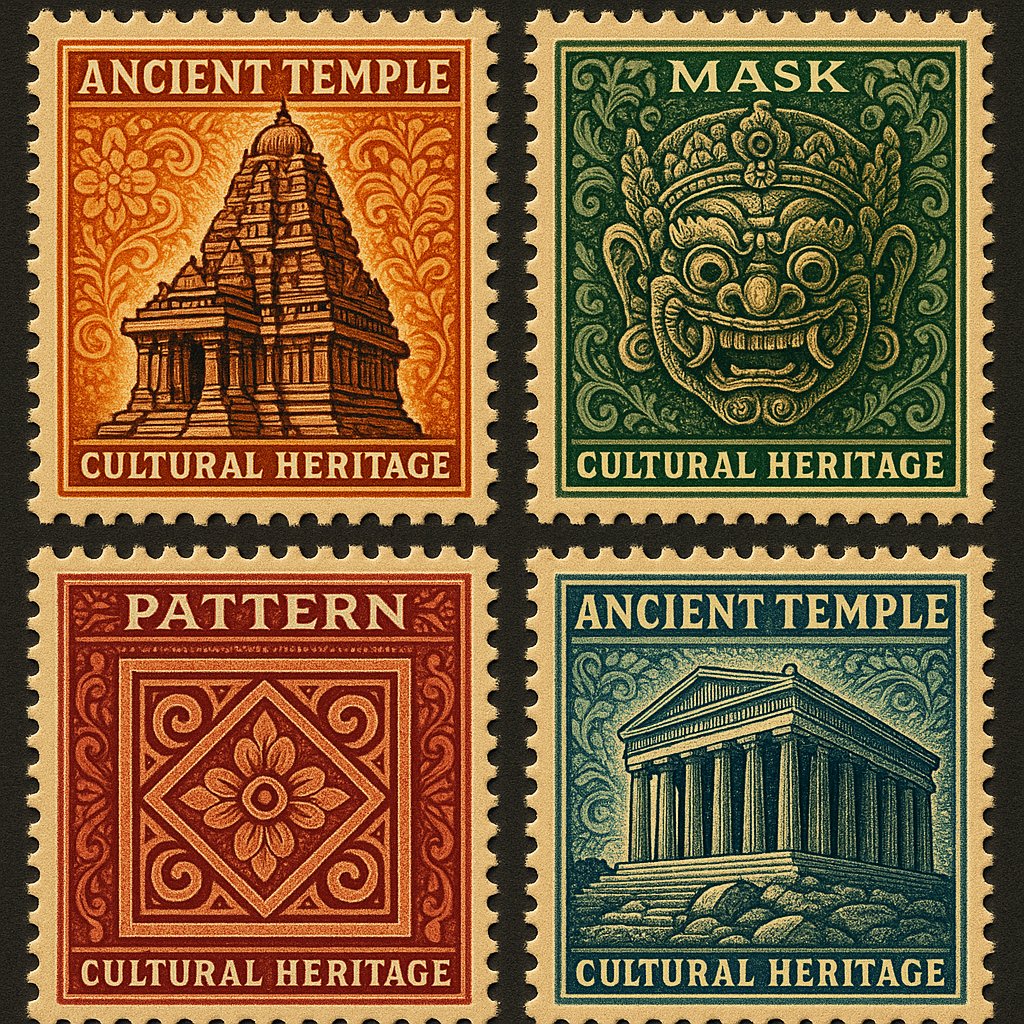Cultural Heritage Stamps — Vintage Temples, Mask & Ornamental Pattern