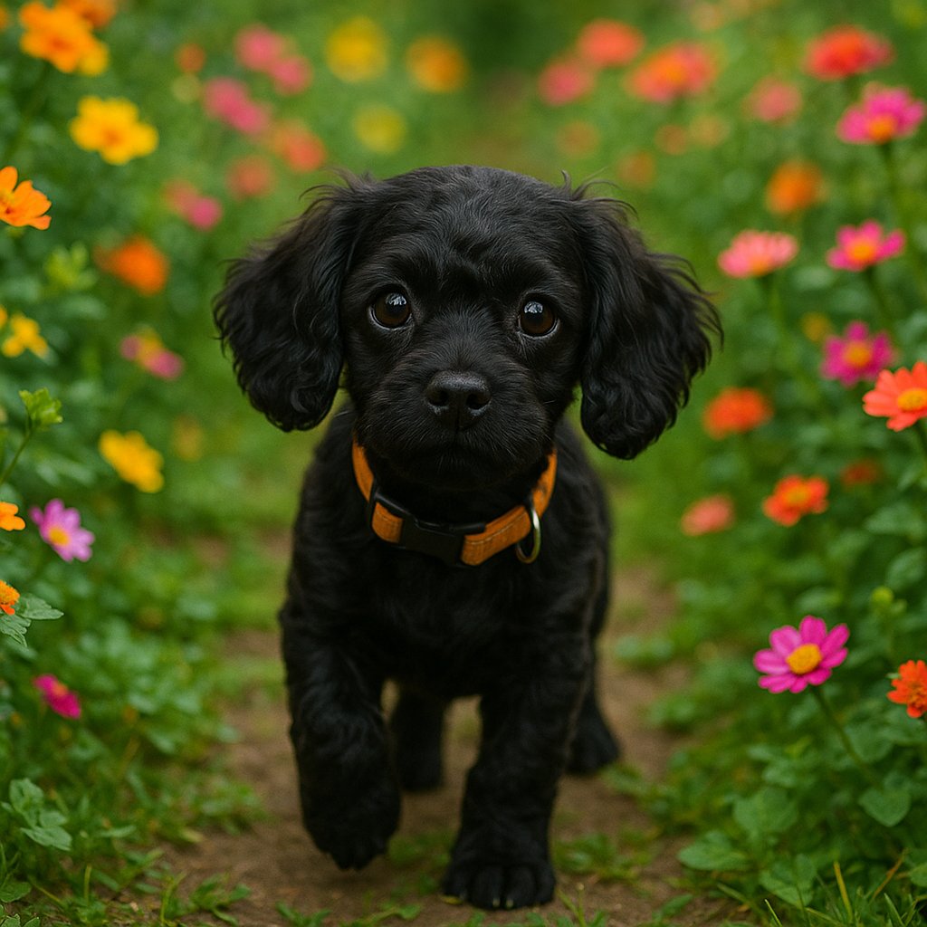 Curious Black Pup on a Flowered Garden Path