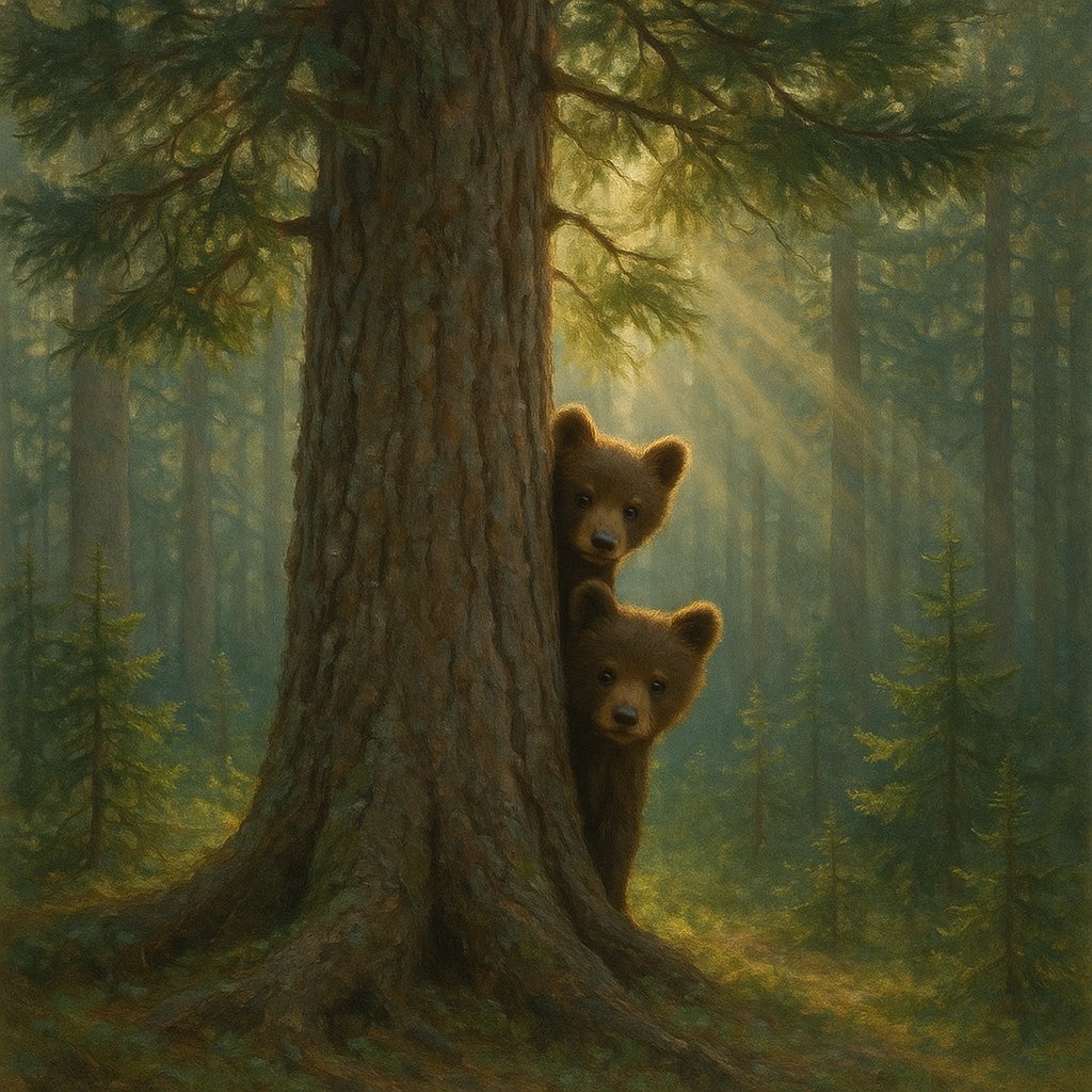 Curious Cubs Behind the Pine
